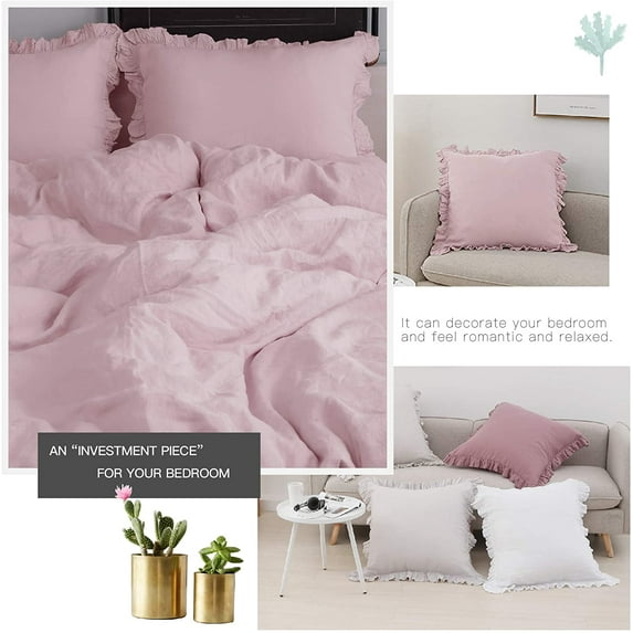 Simple&Opulence 100% Linen Stone Washed Euro Sham with Ruffle 26x26 Inch Pillow Cover Set of 2, Home Decoration Pillow, Soft and Breathable, Linen