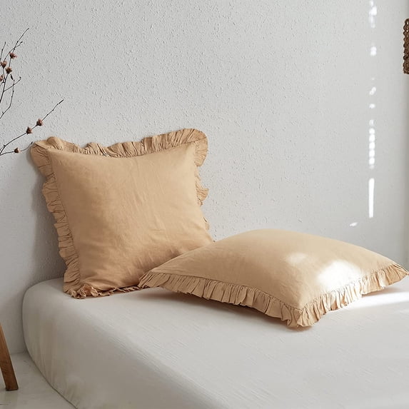 Simple&Opulence 100% Linen Stone Washed Euro Sham with Ruffle 26x26 Inch Pillow Cover Set of 2, Home Decoration Pillow Soft and Breathable - Sand