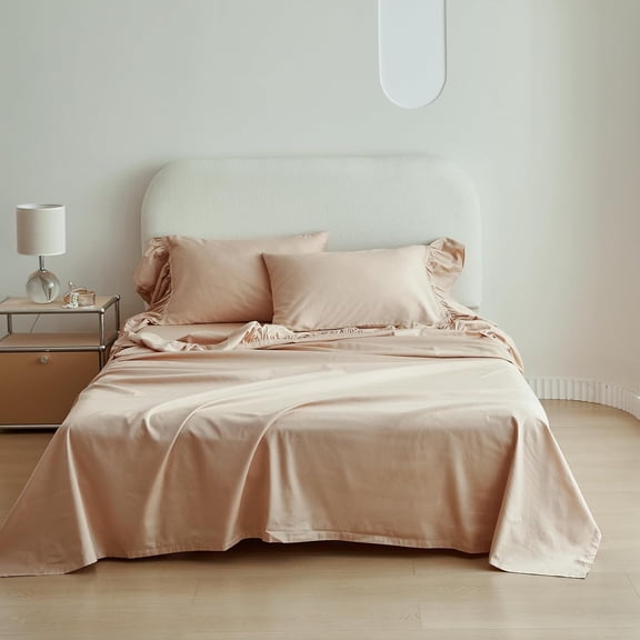 Simple&Opulence 100% Organic Cotton Bed Sheet Set Elegant Shabby Chic Bedding (1 Flat Sheet, 1 Fitted Sheet and 2 Ruffled Pillowcases) with Charming Feminine Long Ruffle Trim - Sand, Full