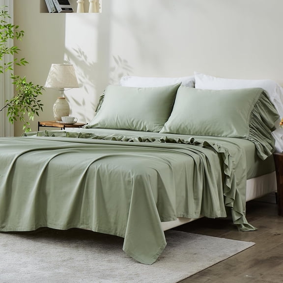 Simple&Opulence 100% Organic Cotton Bed Sheet Set Elegant Shabby chic Bedding (1 Flat Sheet, 1 Fitted Sheet and 1 Ruffled Pillowcase) with Charming Feminine Long Ruffle Trim - Sage Green, Twin