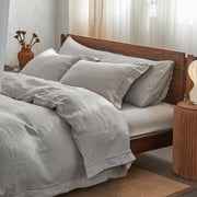 Simple&Opulence 100% Pure Linen Duvet Cover with Embroidered,Twin Size68"x 86",2 Pieces Farmhouse Comforter Set with Button Closure,1 Duvet Cover and 1 PillowshamLight Grey