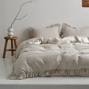 Simple&Opulence 100% French Linen 3 PCS King Size Bedding Set, Ruffle Flax Linen Duvet Cover with 2 Pillowcases for All Seasons Natural Linen,104"X92"