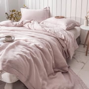 Simple&Opulence 100% Washed Linen Duvet Cover with Embroidered, 2 Pieces Soft Farmhouse Comforter Set with Button Closure,1 Duvet Cover and 1 PillowshamTwin,Dusty Pink