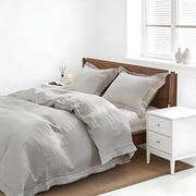 Simple&Opulence 100% Washed Linen Duvet Cover with Embroidered,Queen Size88"x 92",3 Pieces Soft Comforter Set with Button Closure,1 Duvet Cover and 2 PillowshamsLight Grey