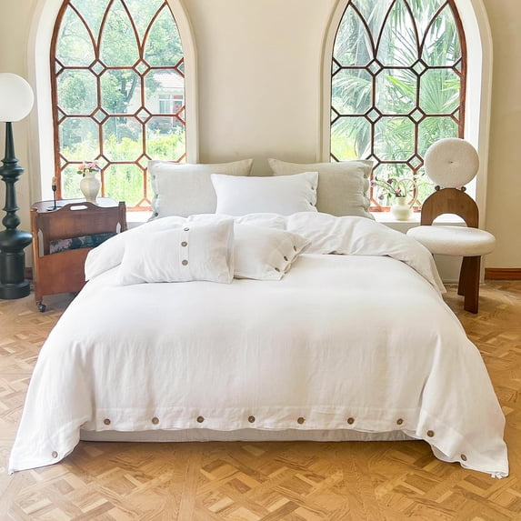Simple&Opulence 100% Washed Linen Duvet Cover Full Size -3 Pieces - Natural Flax French Country Bedding Set - Breathable Farmhouse Comforter Cover with Coconut Button Closure - White