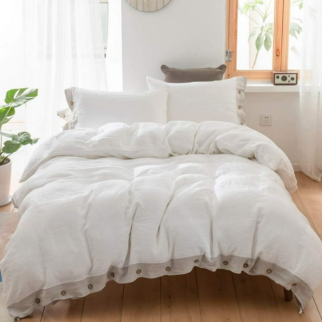Simple&Opulence 100% Washed Linen Duvet Cover King Size -3 Pieces - Natural Flax French Country Bedding Set - Breathable Farmhouse Comforter Cover with Coconut Button Closure - White and Grey