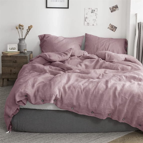 Simple&Opulence 100% Washed Linen Duvet Cover Twin Size -2 Pieces - Natural Flax French Country Bedding Set - Breathable Farmhouse Comforter Cover with Coconut Button Closure - Purple