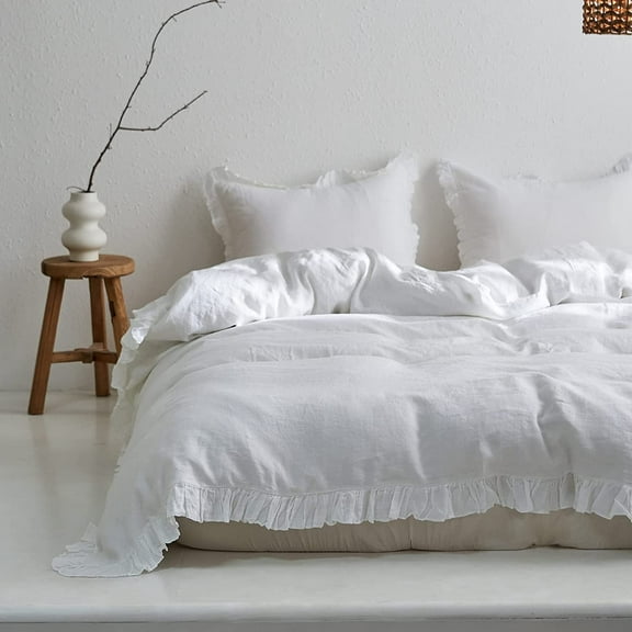 Simple&Opulence 100% Washed Linen Duvet Cover Set-2 Pieces Premium Ruffled Bedding with 1 Comforter Cover and 1 Pillowsham France Flax High End Frill Sets(Twin, White)