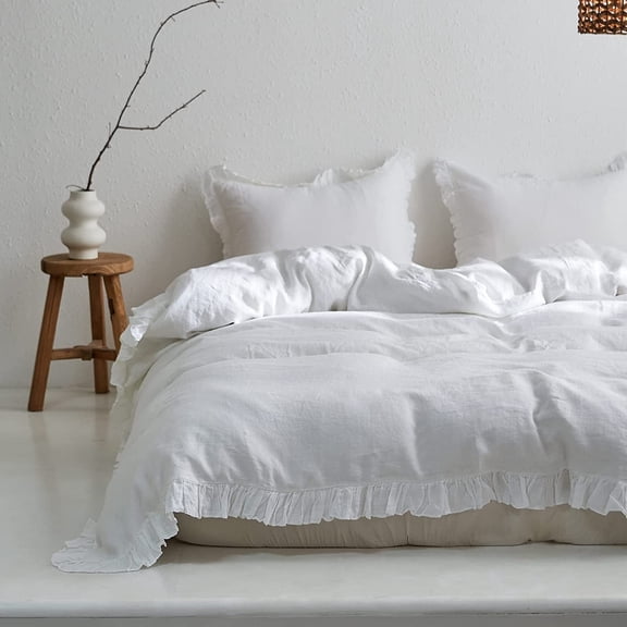 Simple&Opulence 100% Washed Linen Duvet Cover Set-3 Pieces Shabby Chic Premium Ruffled Bedding with 1 Comforter Cover and 2 Pillowshams France Flax High End Frill Sets Vintage Style(King, White)