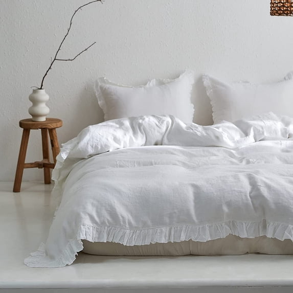 Simple&Opulence 100% Washed Linen Duvet Cover Set-3 Pieces Shabby Chic Premium Ruffled Bedding with 1 Comforter Cover and 2 Pillowshams France Flax High End Frill Sets Vintage Style(King, White)
