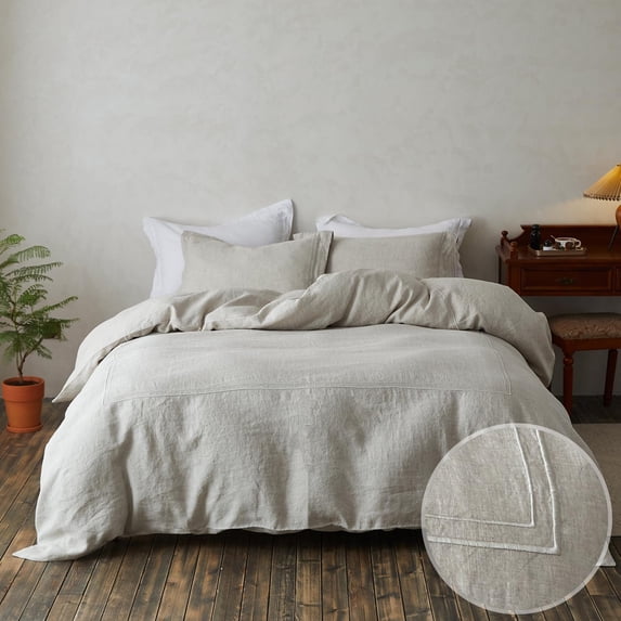 Simple&Opulence 100% Washed Linen Duvet Cover Set 68"x86" - 2 Pieces Soft Farmhouse Comforter Set Double Embroidered with Button Closure - 1 Duvet Cover and 1 Pillowsham (Linen, Twin)