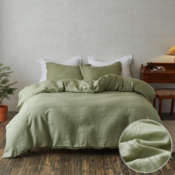 Simple&Opulence 100% Washed Linen Duvet Cover Set 88"x92" - 3 Pieces Soft Farmhouse Comforter Set Double Embroidered with Button Closure - 1 Duvet Cover and 2 Pillowshams (Sage Green, Queen)