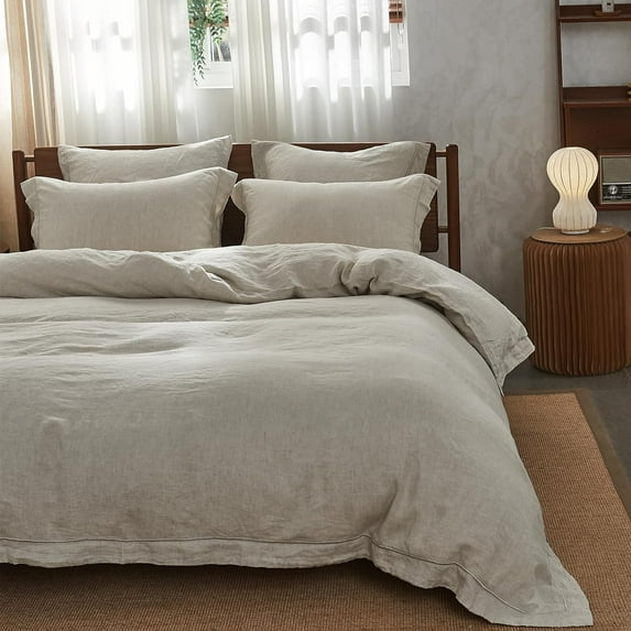 Simple&Opulence 100% Washed Linen Duvet Cover Set with Embroidered,3 Pieces Soft Farmhouse Comforter Set with Button Closure,1 Duvet Cover and 2 Pillowshams(King,Natural Linen)