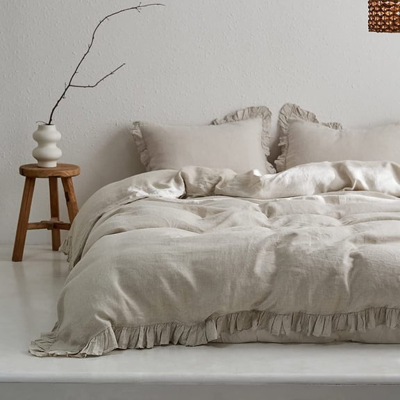 Simple&Opulence 100% Washed Linen Duvet Cover Set-Full Size-3 Pieces Premium Ruffled Bedding with 1 Comforter Cover and 2 Pillowshams France Flax High End Frill Sets Farmhouse Style,Natural Linen