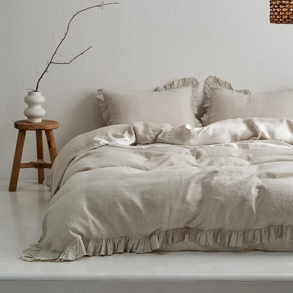 Simple&Opulence 100% Washed Linen Duvet Cover Set-QUEEN Size-3 Pieces Premium Ruffled Bedding with 1 Comforter Cover and 3 Pillowshams France Flax High End Frill Sets Farmhouse Style,Natural Linen