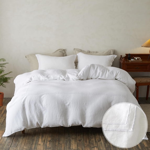 Simple&Opulence 100% Washed Linen Duvet Cover Set Queen 88"x92" - 3 Pieces Soft Farmhouse Comforter Cover Set Double Embroidered with Button Closure - 1 Duvet Cover and 2 Pillowshams (White, Queen)