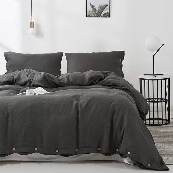 Simple&Opulence 100% Washed Linen Duvet Cover Set-Soft Natural Flax Bedding Set (1 Duvet Cover+ 2 Pillowcases)-Farmhouse Comforter Set with Coconut Button Closure (Queen, Charcoal Grey)