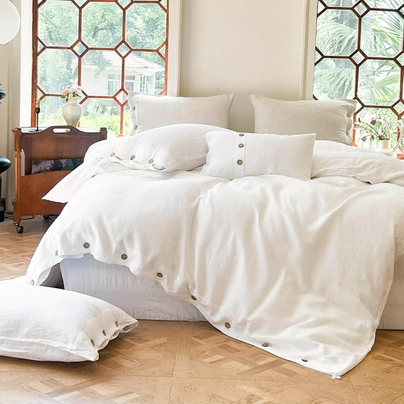 Simple&Opulence 100% Washed Linen Duvet Cover Twin Size -2 Piece - Natural Flax French Country Bedding Set - Breathable Farmhouse Comforter Cover with Coconut Button Closure - White