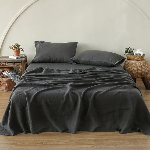 Simple&Opulence 100% Linen Sheet Set-Pure Linen Bedding Sheet-4 Pieces (1 Flat Sheet,1 Fitted Sheet,2 Pillowcase)-Embroidery Collection,Soft & Cozy,Cooling Bedding- Full Size, Dark Grey