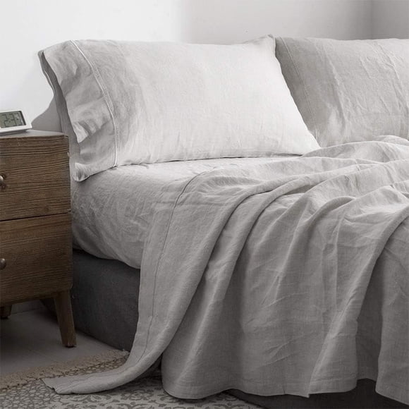 Simple&Opulence 100% Linen Sheet Set-Pure Linen Bedding Sheet-4 Pieces (1 Flat Sheet,1 Fitted Sheet,2 Pillowcase)-Embroidery Collection,Soft & Cozy,Cooling Bedding- Full Size, Grey