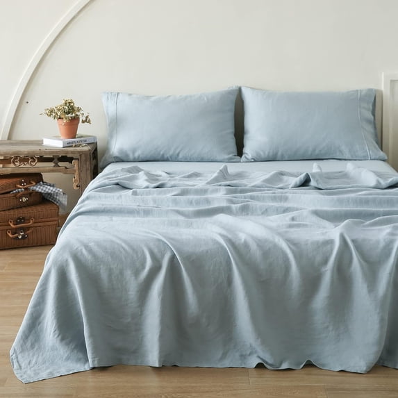 Simple&Opulence 100% Linen Sheet Set-Pure Linen Bedding Sheet-4 Pieces (1 Flat Sheet,1 Fitted Sheet,2 Pillowcase)-Embroidery Collection,Soft & Cozy,Cooling Bedding- Full Size, Dusty Blue