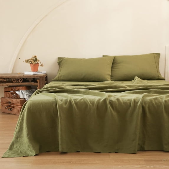 Simple&Opulence 100% Linen Sheet Set-Pure Linen Bedding Sheet-4 Pieces (1 Flat Sheet,1 Fitted Sheet,2 Pillowcase)-Embroidery Collection,Soft & Cozy,Cooling Bedding- King Size, Olive Green