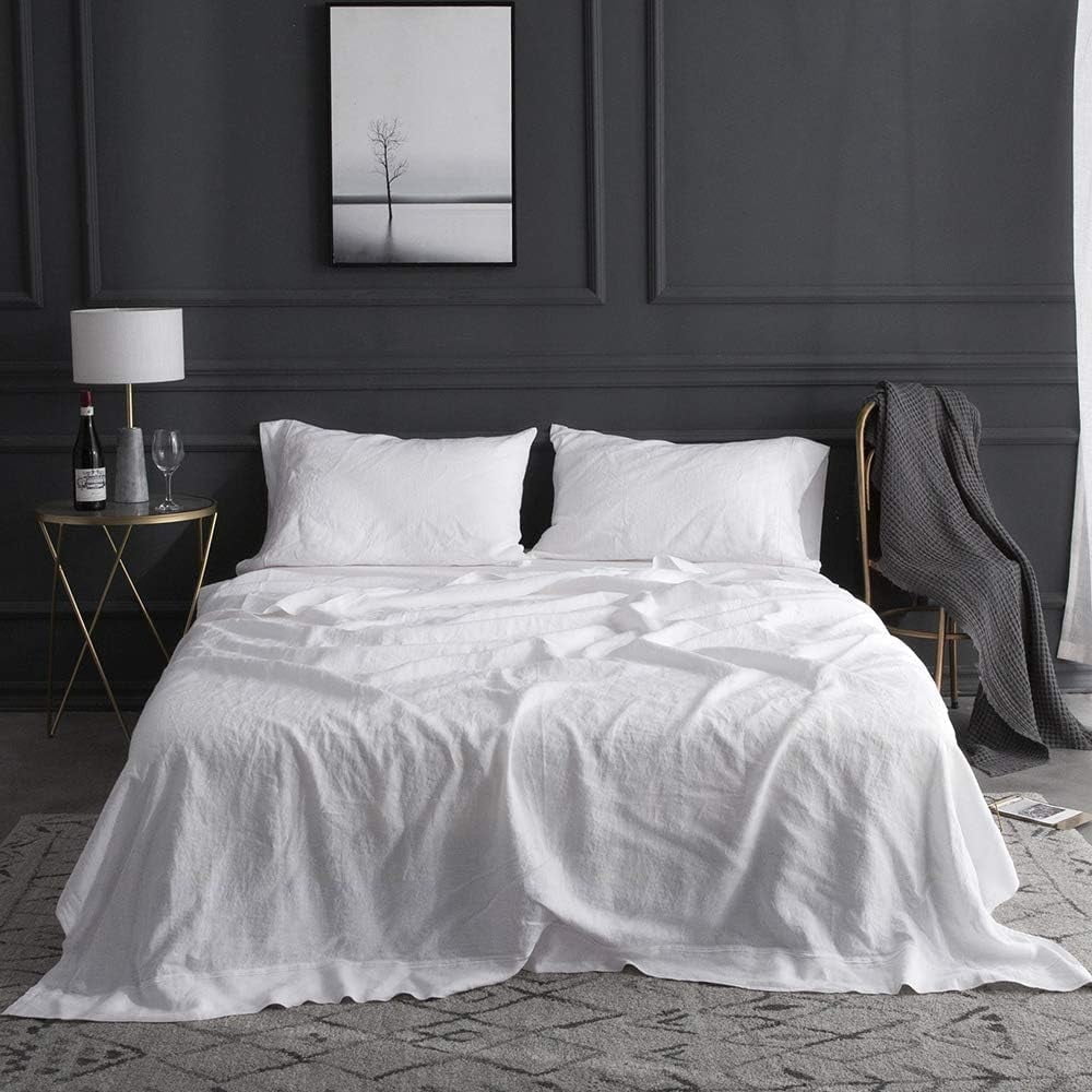 Simple&Opulence French Linen Flat Sheet - King Size 108"x102", Stone Washed Flax, Embroidered Border - Dark Grey, Breathable & Soft