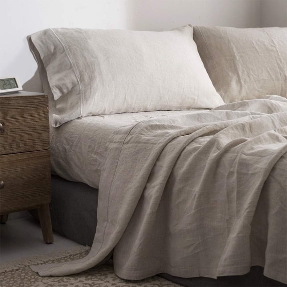 Simple&Opulence 100% Linen Sheet Set-Pure Linen Bedding Sheet-4 Pieces (1 Flat Sheet,1 Fitted Sheet,2 Pillowcase)-Embroidery Collection,Soft & Cozy,Cooling Bedding- King Size, Linen