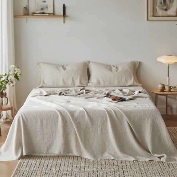 Simple&Opulence 100% Washed Linen Sheet Set-Natural French Flax Bed Sheet-4 Pc Breathable Soft Bohemian Chic Bedding (1 Flat Sheet,1 Fitted Sheet,2 Pillowcases) with Hollow Hemstitch-Knot Linen,Queen