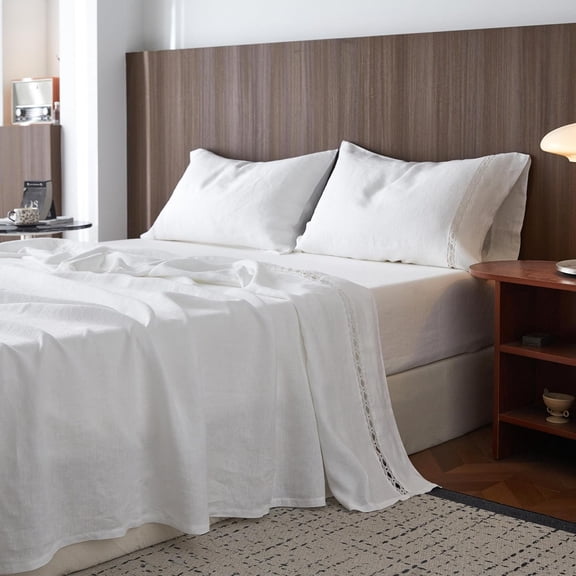 Simple&Opulence 100% Washed Linen Sheet Set-Natural French Flax Bed Sheet-4 Pcs Breathable,Ultra Soft,Farmhouse Bedding (1 Flat Sheet,1 Fitted Sheet,2 Pillowcases) with Lace Hemstitch-White, Queen