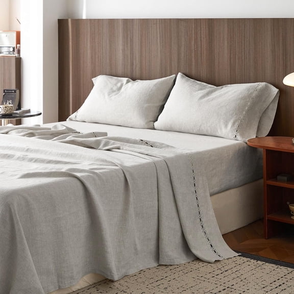 Simple&Opulence 100% Washed Linen Sheet Set-Natural French Flax Bed Sheet-4 Pcs Breathable,Ultra Soft,Farmhouse Bedding (1 Flat Sheet,1 Fitted Sheet,2 Pillowcases) with Lace Hemstitch-Grey, Queen