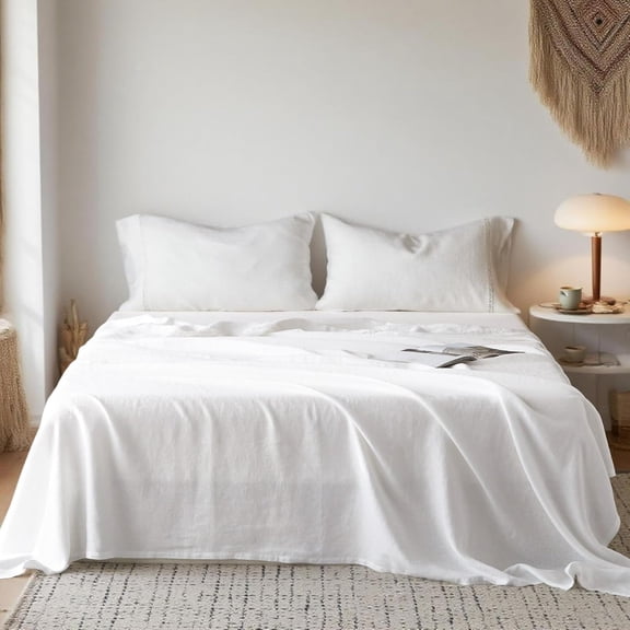 Simple&Opulence 100%Washed Linen Sheet Set-Natural French Flax Bed Sheet-4Pcs Breathable Soft Bohemian Chic Bedding (1 Flat Sheet,1 Fitted Sheet,2 Pillowcases) with Hollow Hemstitch-Knot White,King