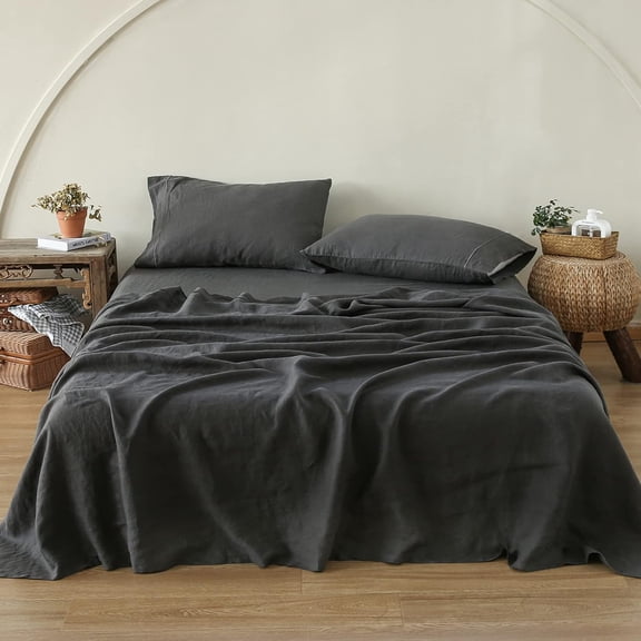 Simple&Opulence 100% Linen Sheet Set-Pure Linen Bedding Sheet-4 Pieces (1 Flat Sheet,1 Fitted Sheet,2 Pillowcase)-Embroidery Collection,Soft & Cozy,Cooling Bedding- Queen Size, Dark Grey