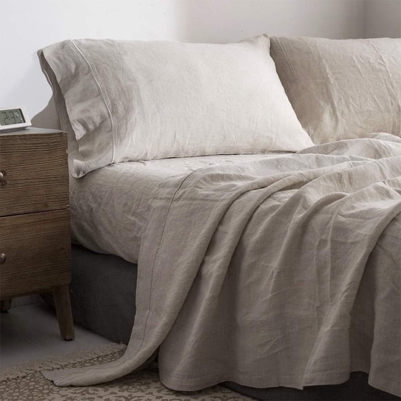 Simple&Opulence 100% Linen Sheet Set-Pure Linen Bedding Sheet-4 Pieces (1 Flat Sheet,1 Fitted Sheet,2 Pillowcase)-Embroidery Collection,Soft & Cozy,Cooling Bedding- Queen Size, Linen