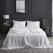 Simple&Opulence 100% Linen Sheet Set-Pure Linen Bedding Sheet-4 Pieces 1 Flat Sheet,1 Fitted Sheet,2 Pillowcase-Embroidery Collection,Soft & Cozy,Cooling Bedding- Queen Size, White