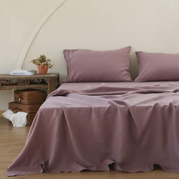 Simple&Opulence 100% Linen Sheet Set-Pure Linen Bedding Sheet-4 Pieces (1 Flat Sheet,1 Fitted Sheet,2 Pillowcase)-Embroidery Collection,Soft & Cozy,Cooling Bedding- Queen Size, Purple