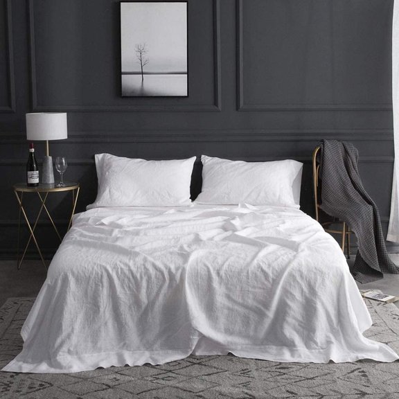 Simple&Opulence 100% Linen Sheet Set-Pure Linen Bedding Sheet-4 Pieces (1 Flat Sheet,1 Fitted Sheet,2 Pillowcase)-Embroidery Collection,Soft & Cozy,Cooling Bedding- Twin Size, White