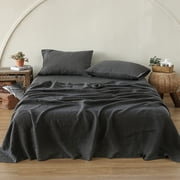 Simple&Opulence 100% Linen Sheet Set-Pure Linen Bedding Sheet-4 Pieces 1 Flat Sheet,1 Fitted Sheet,2 Pillowcase-Embroidery Collection,Soft & Cozy,Cooling Bedding- Twin Size, Dark Grey