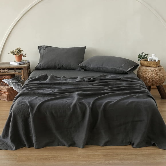 Simple&Opulence 100% Linen Sheet Set-Pure Linen Bedding Sheet-4 Pieces (1 Flat Sheet,1 Fitted Sheet,2 Pillowcase)-Embroidery Collection,Soft & Cozy,Cooling Bedding- Twin Size, Dark Grey