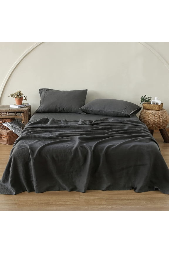 100% Linen Sheet Set-Pure Linen Bedding Sheet-4 Pieces (1 Flat Sheet,1 Fitted Sheet,2 Pillowcase)-Embroidery Collection,Soft & Cozy,Cooling Bedding- Twin Size, Dark Grey