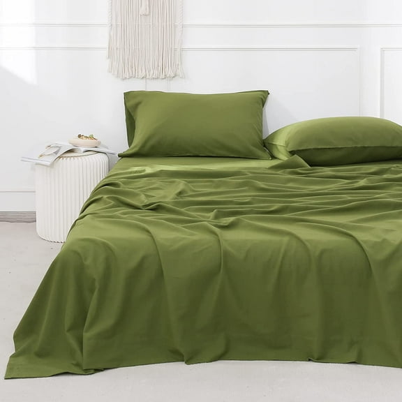 Simple&Opulence Linen Sheet Set-Linen Cotton Blend Bedding set-3 Pieces (1 Flat Sheet,1 Fitted Sheet&1 Pillowcase)-Soild Color Collection,Soft & Cozy,Cooling Bedding- Twin Size, Forest Green