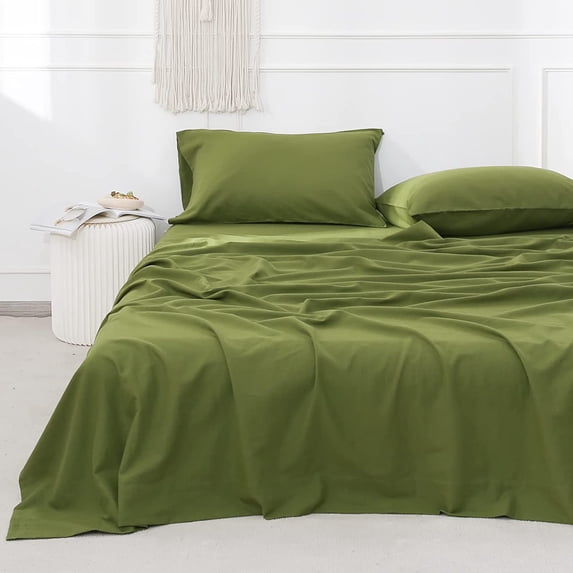 Simple&Opulence Linen Sheet Set-Linen Cotton Blend Bedding set-3 Pieces (1 Flat Sheet,1 Fitted Sheet&1 Pillowcase)-Soild Color Collection,Soft & Cozy,Cooling Bedding- Twin Size, Forest Green