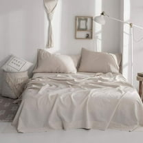 Simple&Opulence Belgian Linen Sheet Set Solid Color - 4 Pieces (1 Flat Sheet, 1 Fitted Sheet & 2 Pillowcases) Natural Flax Cotton Blend Soft Breathable Farmhouse Bedding - King Size, Linen/Beige