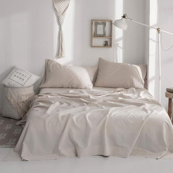 Simple&Opulence Linen Sheet Set-Linen Cotton Blend Bedding set-4 Pieces(1 Flat Sheet,1 Fitted Sheet&2Pillowcase)-Soild Color Collection,Soft & Cozy,Cooling Bedding- King Size, Linen/Beige