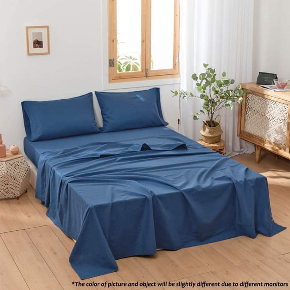 Simple&Opulence Linen Sheet Set-Linen Cotton Blend Bedding set-4 Pieces(1 Flat Sheet,1 Fitted Sheet&2Pillowcase)-Soild Color Collection,Soft & Cozy,Cooling Bedding- Full Size, Classic Blue