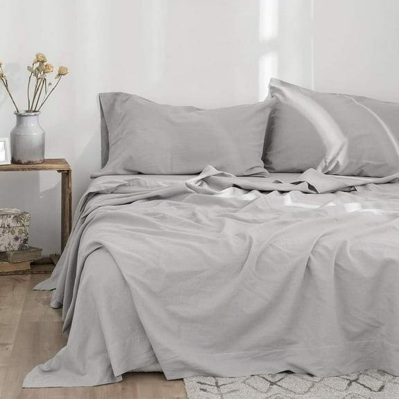 Simple&Opulence Linen Sheet Set-Linen Cotton Blend Bedding set-4 Pieces(1 Flat Sheet,1 Fitted Sheet&2Pillowcase)-Soild Color Collection,Soft & Cozy,Cooling Bedding- Queen Size, Grey