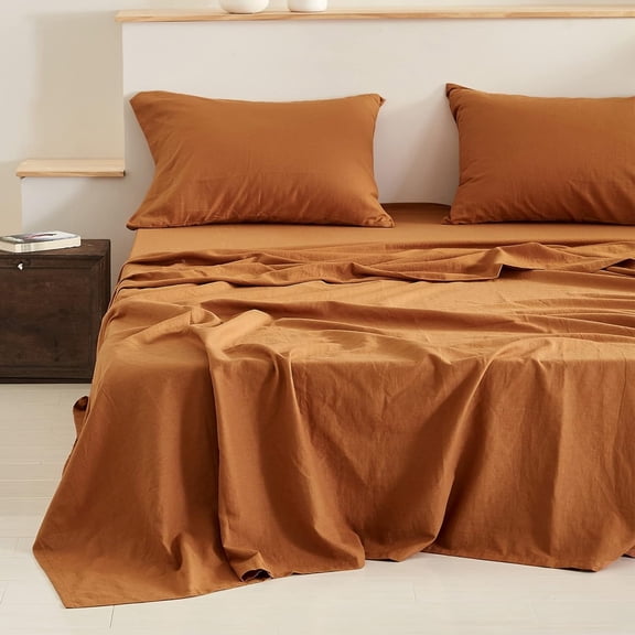 Simple&Opulence Linen Sheet Set-Linen Cotton Blend Bedding set-4 Pieces(1 Flat Sheet,1 Fitted Sheet&2Pillowcase)-Soild Color Collection,Soft & Cozy,Cooling Bedding- Full Size, Rust