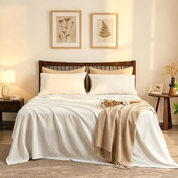 Simple&Opulence Linen Sheet Set-Linen Cotton Blend Bedding set-4 Pieces(1 Flat Sheet,1 Fitted Sheet&2Pillowcase)-Soild Color Collection,Soft & Cozy,Cooling Bedding- King Size, White