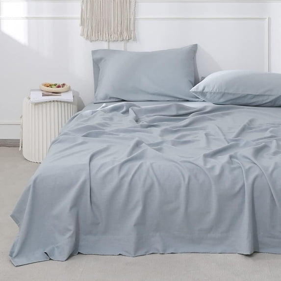 Simple&Opulence Linen Sheet Set-Linen Cotton Blend Bedding set-4 Pieces(1 Flat Sheet,1 Fitted Sheet&2Pillowcase)-Soild Color Collection,Soft & Cozy,Cooling Bedding- Full Size, Dusty Blue
