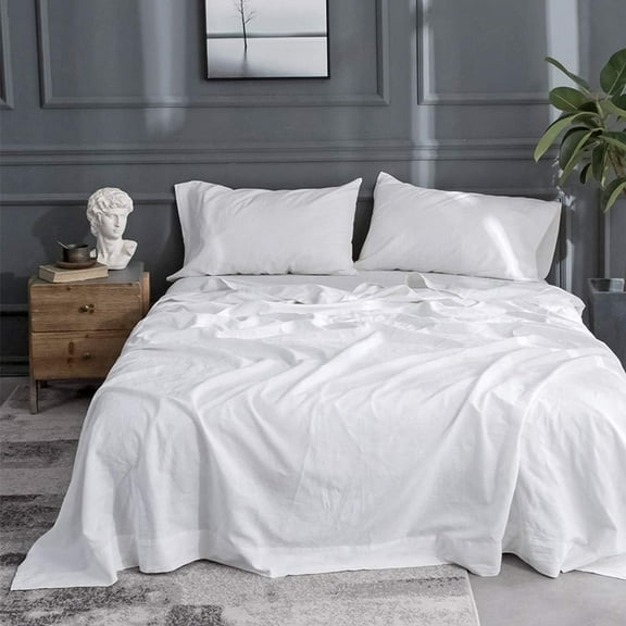 Simple&Opulence Linen Sheet Set-Linen Cotton Blend Bedding set-4 Pieces(1 Flat Sheet,1 Fitted Sheet&2Pillowcase)-Soild Color Collection,Soft & Cozy,Cooling Bedding- Queen Size, White